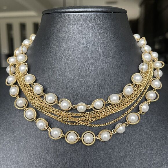 Vintage Mid Century Faux Pearl Gold Tone Layered Chain Necklace 15-17” Adjustabl - Picture 1 of 5